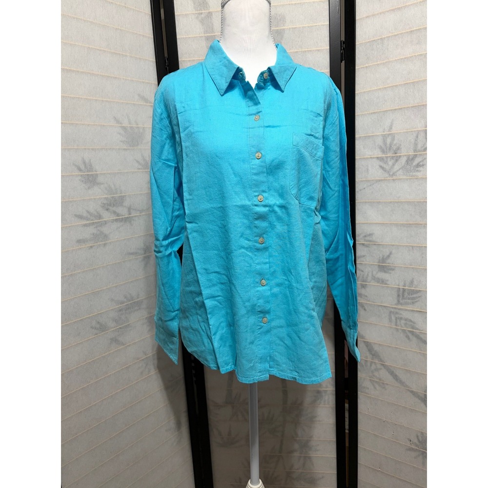 Candace Cameron Bure Linen Shirt Medium Blue Button Down Petite Coastal Boho - Picture 7 of 9